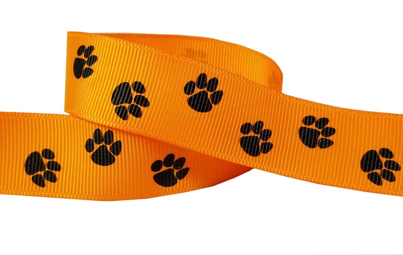 Paw Prints Ribbon for Crafts Grosgrain Ribbon for Gift Wrapping, Cheer Bows (10yd 7/8" Paw,Torrid Orange/Black)